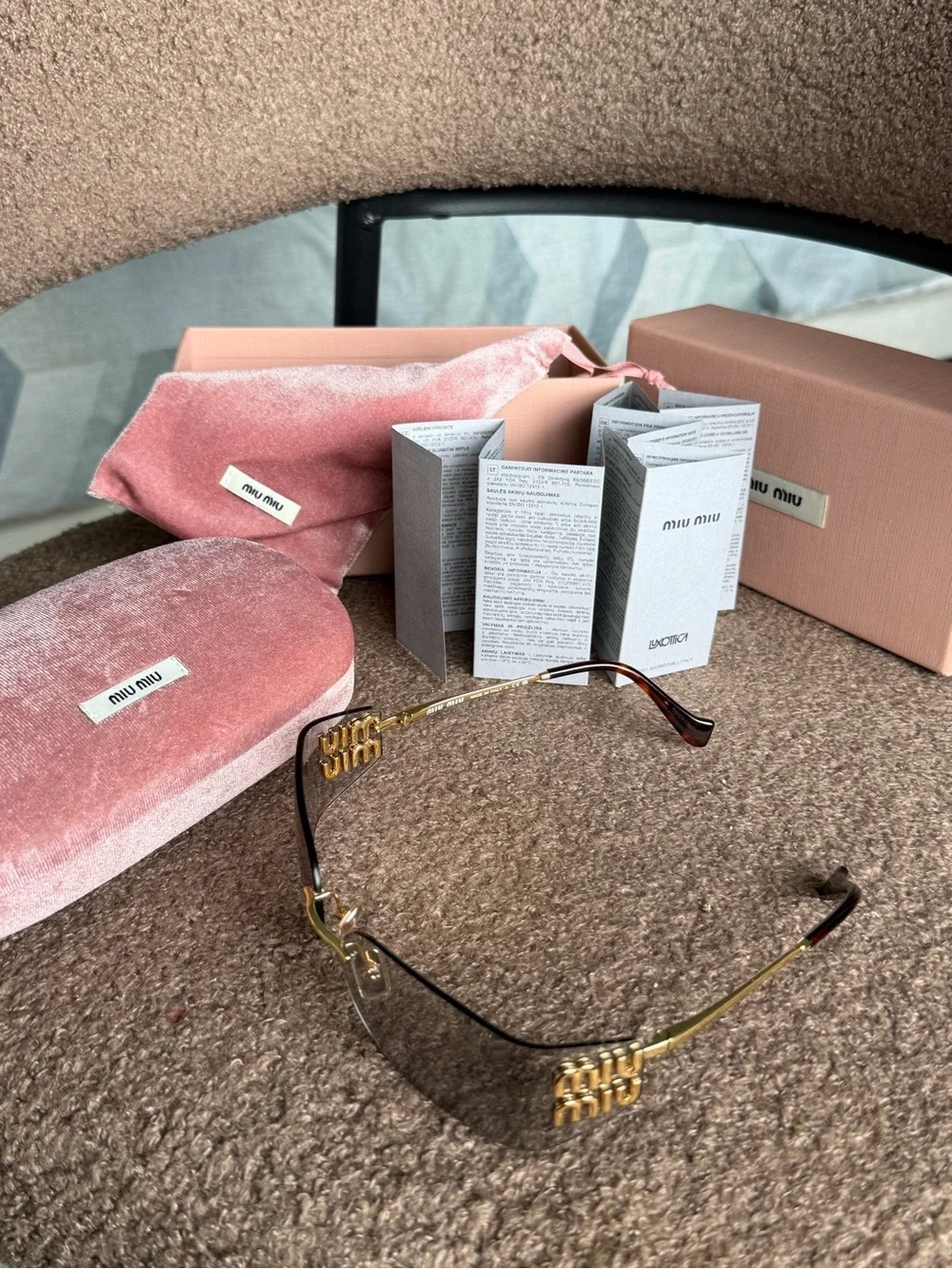 Miu Miu Gold Rim Shield Sunglasses with Pink Velvet Case